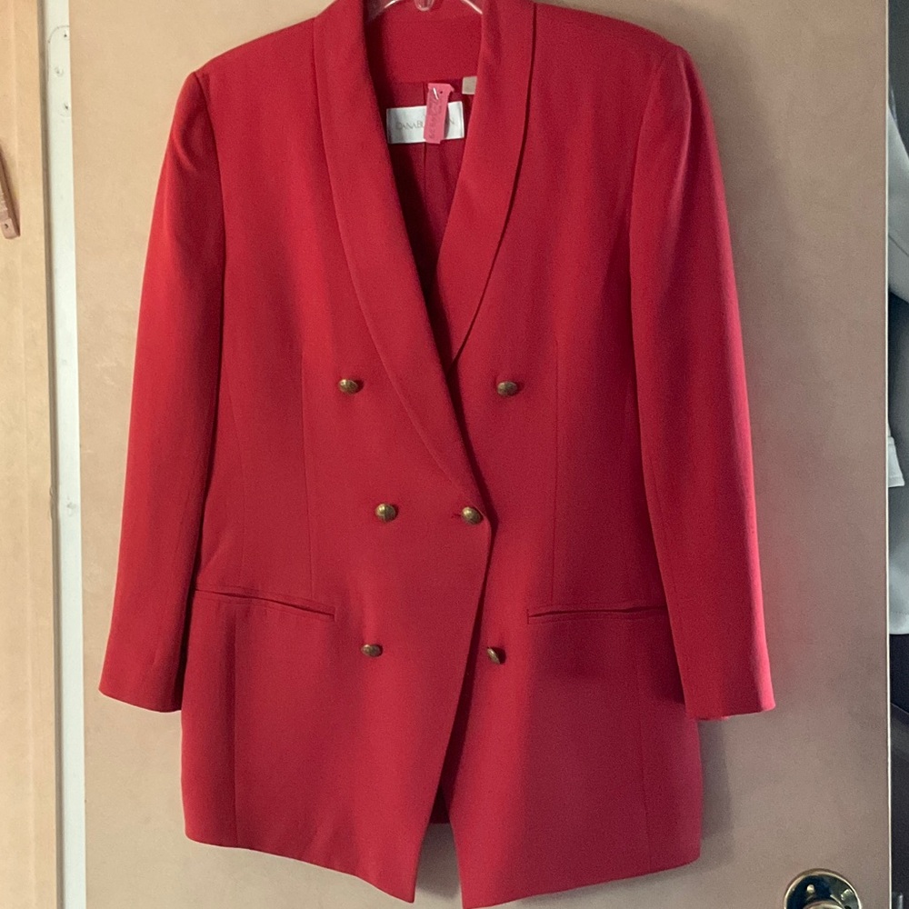 Dana Buchman Deep Coral Silk Crepe Double-Breasted Blazer with Gold Buttons